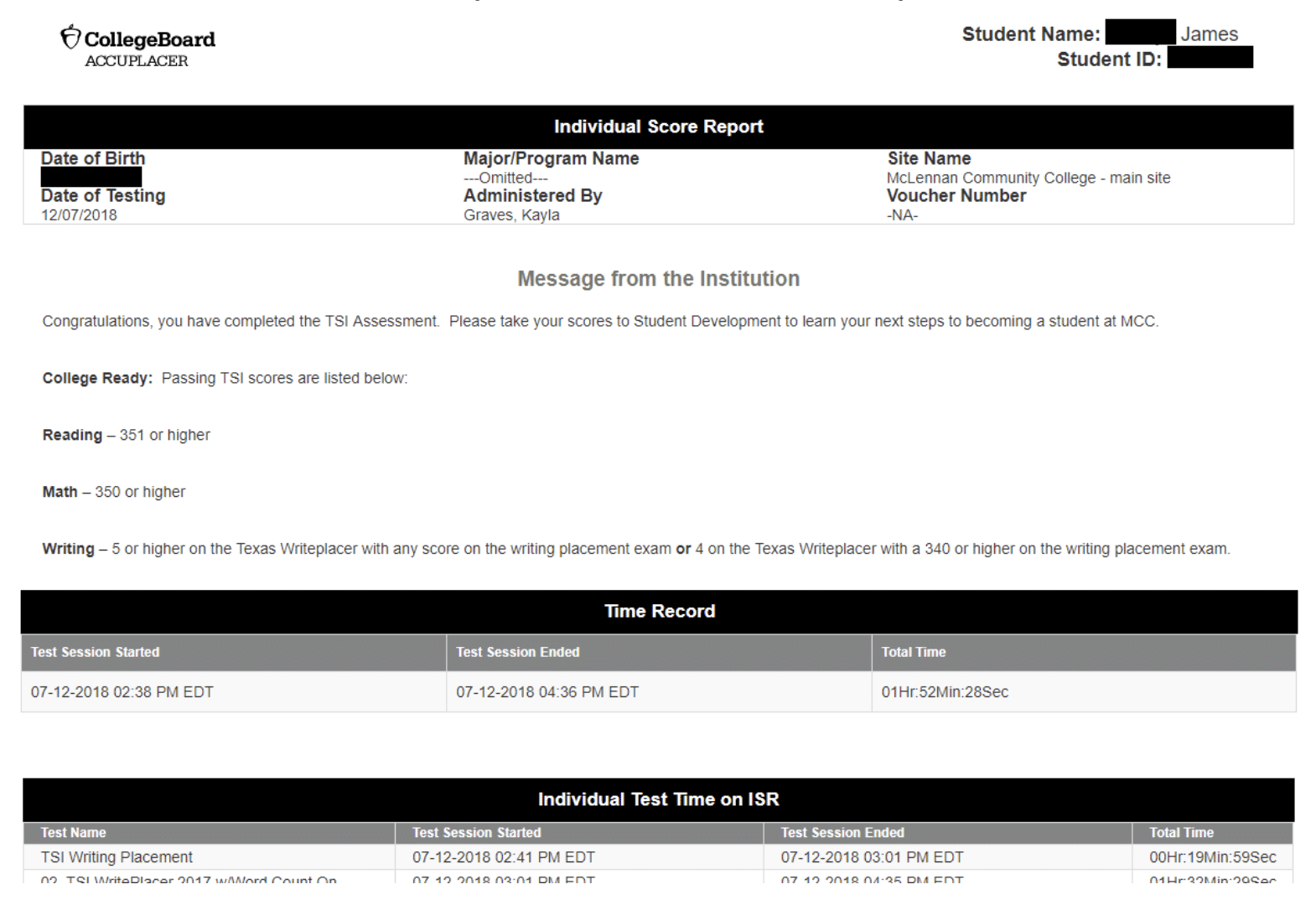 Printable TSI Score Report